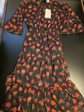 Phase Eight Black Floral Midi Dress with Red Roses